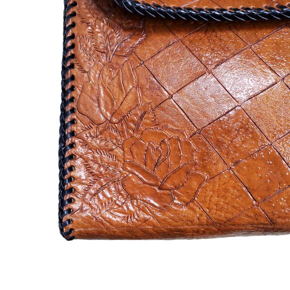 Vintage Crossbody Purse Handbag Brown Leather Tooled Whipstitch Gold Closure - Picture 4 of 15